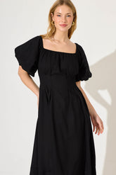 Black Linen Blend Midi Dress for Winter
